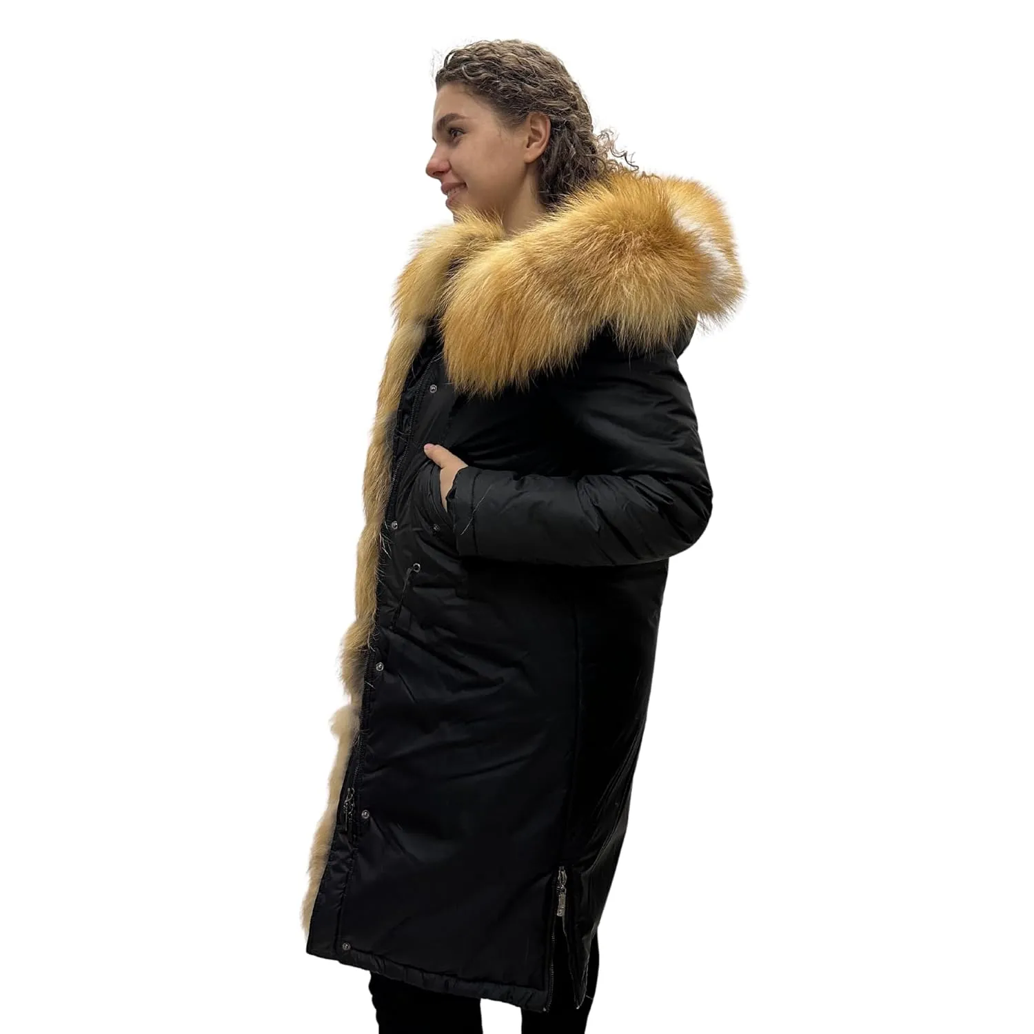 Warm Women's Mid-Length Puffer Coat with Hood and Natural Fur – Elegant and Cozy (S)