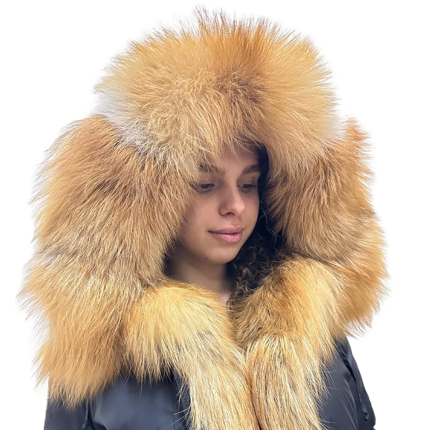 Warm Women's Mid-Length Puffer Coat with Hood and Natural Fur – Elegant and Cozy (S)