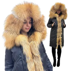 Warm Women's Mid-Length Puffer Coat with Hood and Natural Fur – Elegant and Cozy (S)