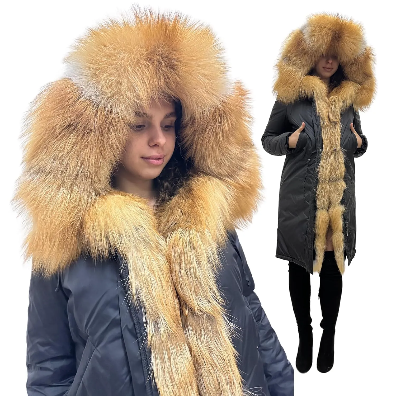Warm Women's Mid-Length Puffer Coat with Hood and Natural Fur – Elegant and Cozy (S)