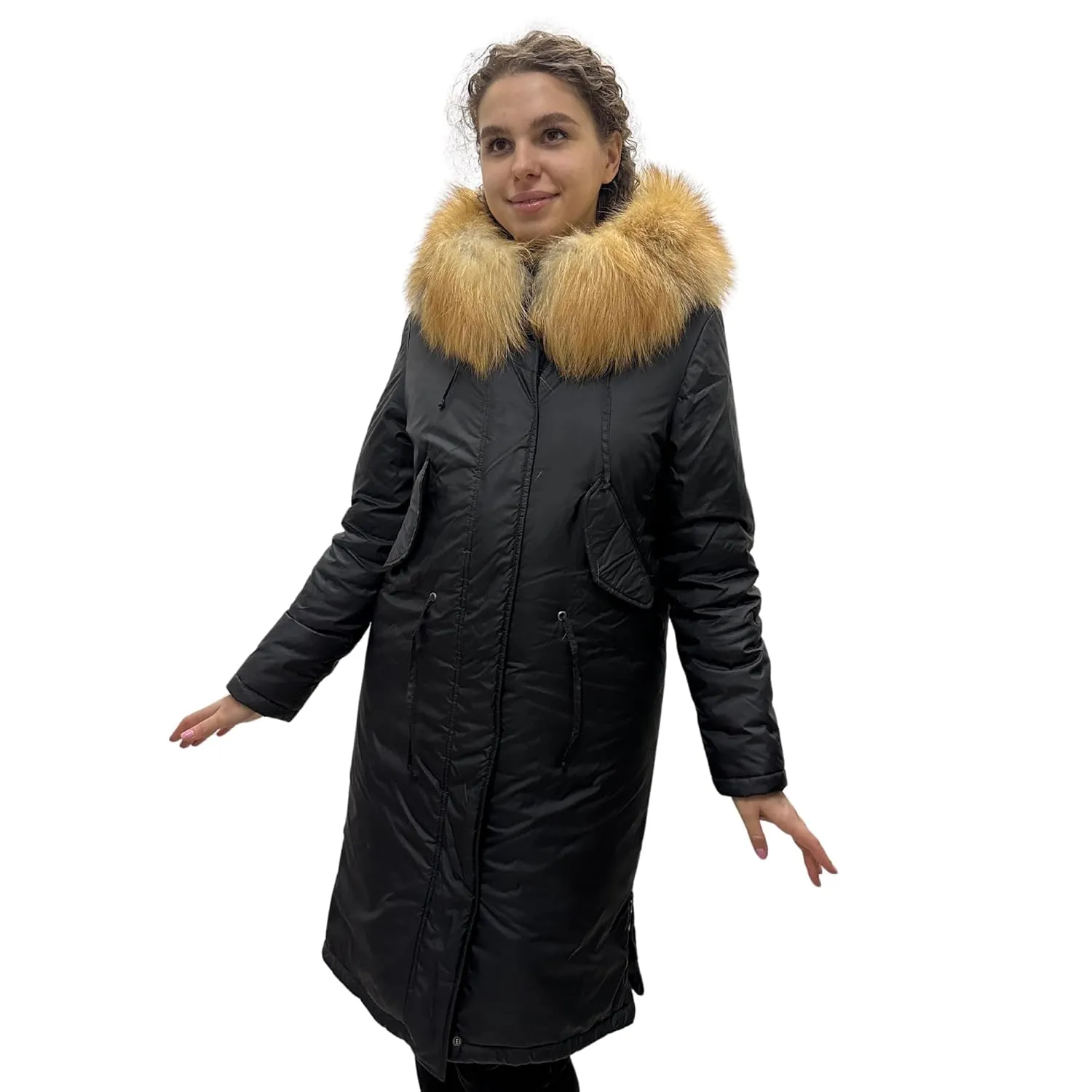 Warm Women's Mid-Length Puffer Coat with Hood and Natural Fur – Elegant and Cozy (S)