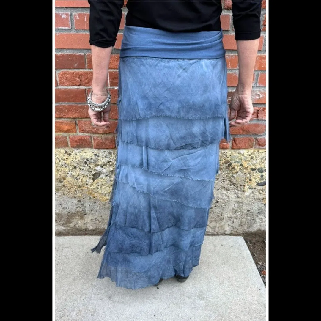 Washed Denim Tiered Silk Skirt  - KGG1-WD