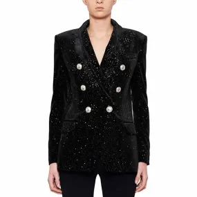 Women's Double Breasted Blazer Gold Buttons Autumn Winter Black Velvet Jacket