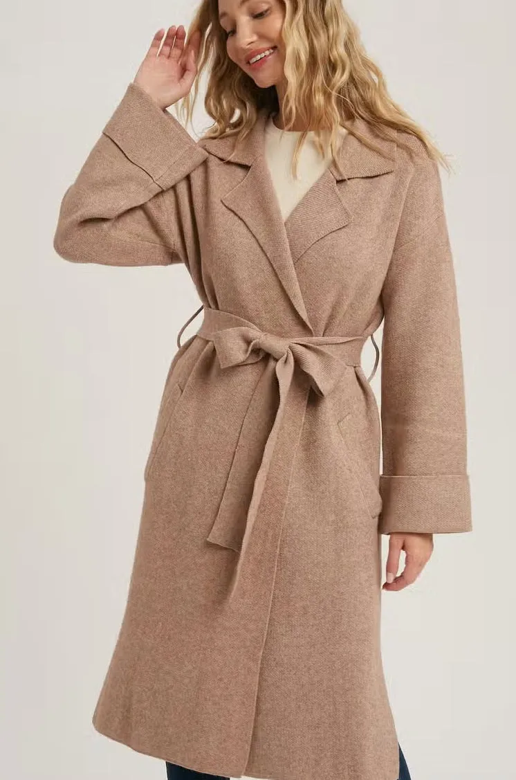Women's Effortless Classic Knitted Trench Coat - Latte