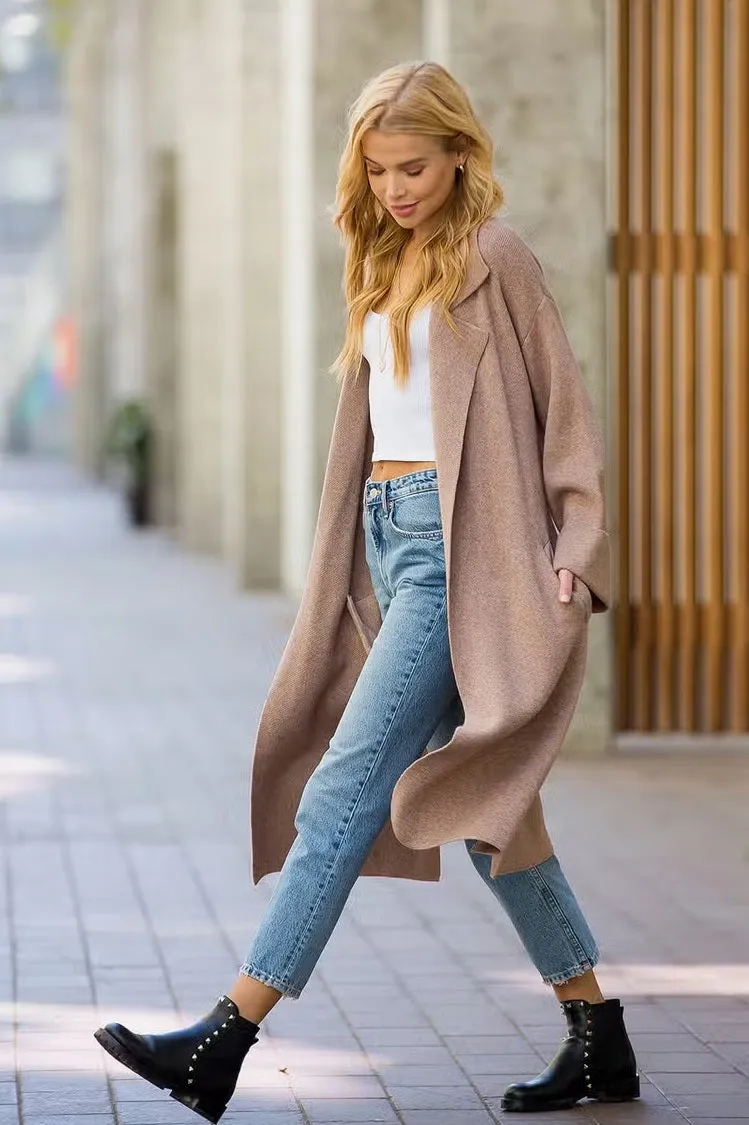 Women's Effortless Classic Knitted Trench Coat - Latte