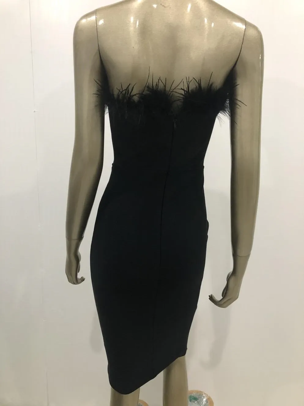 Womens Strapless Backless Feather Bodycon Dress SIZE XS-L