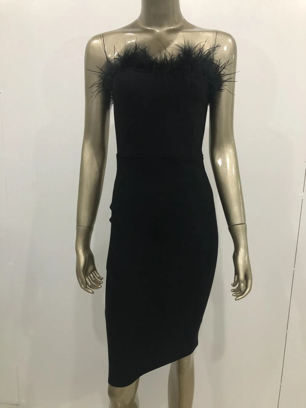 Womens Strapless Backless Feather Bodycon Dress SIZE XS-L