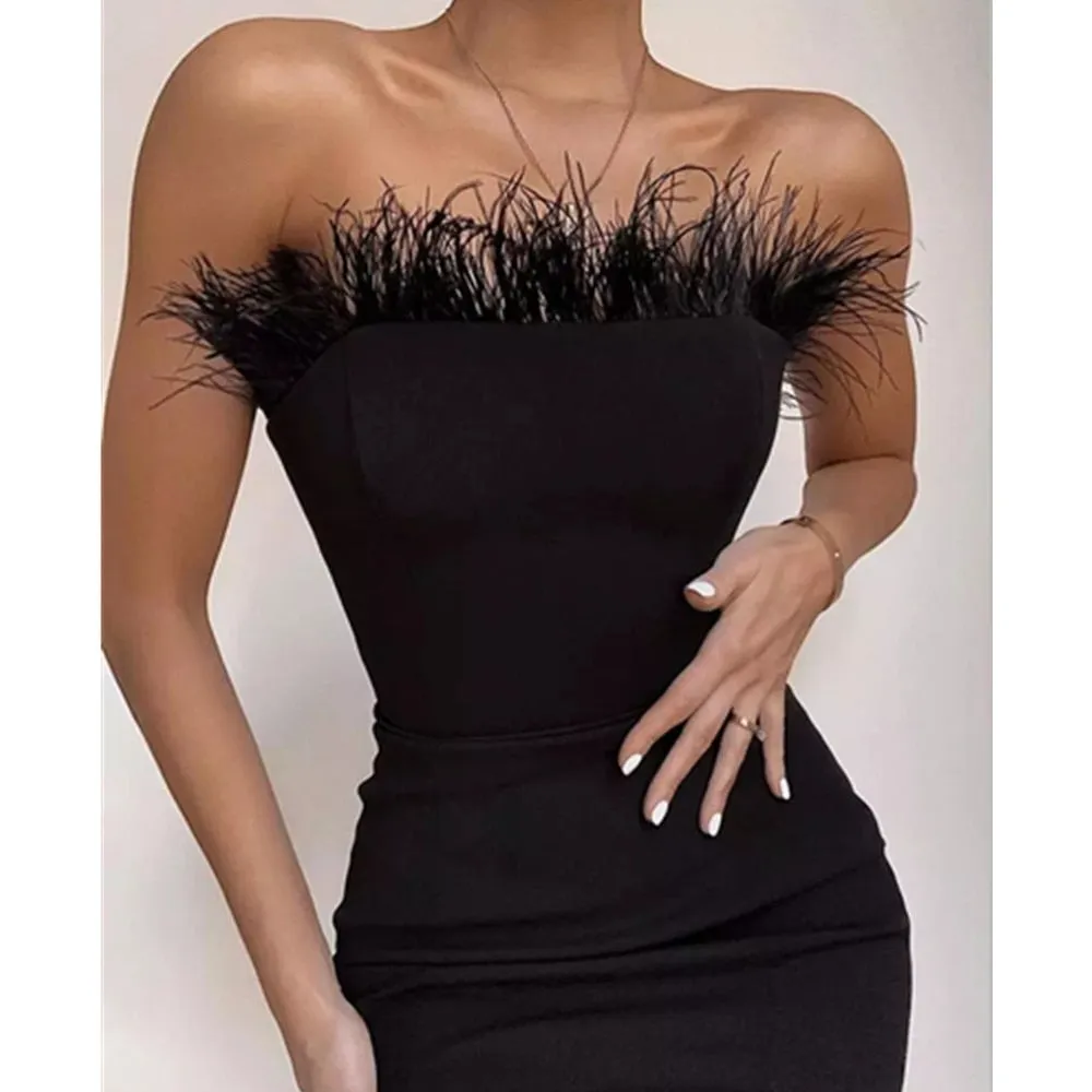 Womens Strapless Backless Feather Bodycon Dress SIZE XS-L