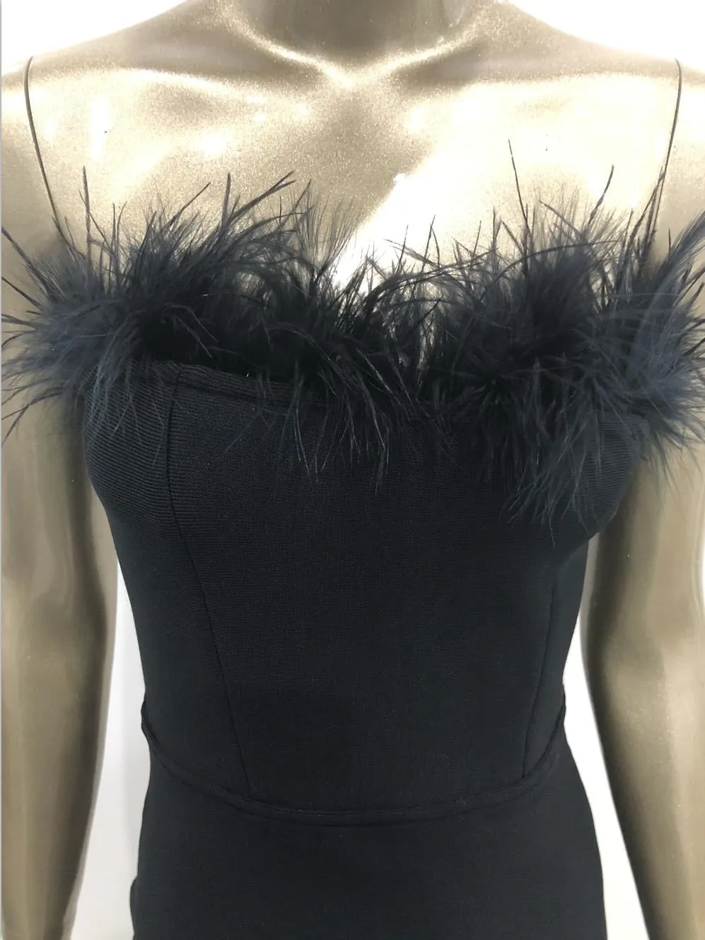 Womens Strapless Backless Feather Bodycon Dress SIZE XS-L