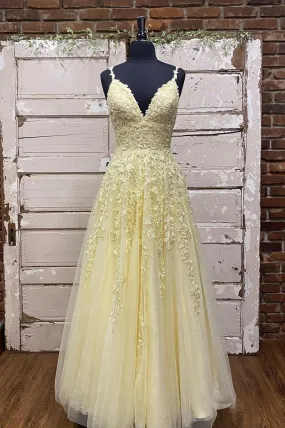 Yellow V-Neck Spaghetti Strap Lace Floor Length Prom Dress
